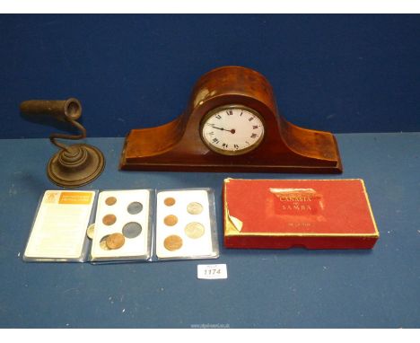 A small quantity of miscellanea including gophering iron stand, mantle clock (a/f.), wallets of decimal coins etc.