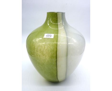 A very heavy large double layered vintage tapered glass vase with concave base, half green/half grey, 14 1/2'' tall x 11'' wi