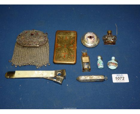 A small quantity of miscellanea including cigar cutter, brass engraved cigarette case, miniature bottles including empty Chan