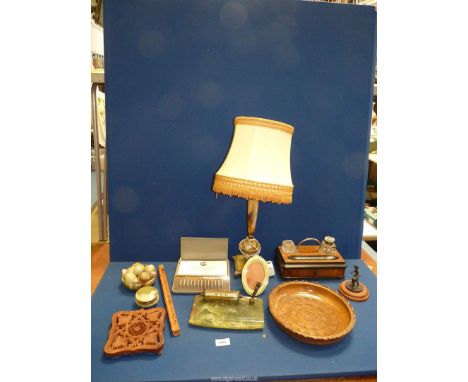 A quantity of Treen and Onyx items including Standish, plaques, table lamp, eggs etc.