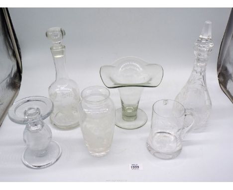 A quantity of glass including decanters, Stuart sunflower etched vase, candle holder and Caithness tankard.