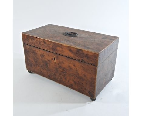 A 19th century burr yew tea caddy, containing a cut glass mixing bowl, 30cm