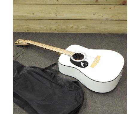 A white painted Tanglewood left handed acoustic guitar, with soft case