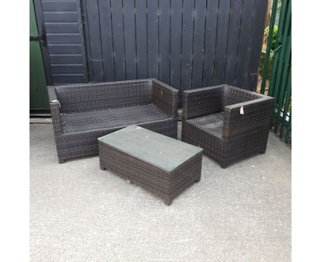 A rattan garden sofa, 139cm, together with a matching armchair and coffee table