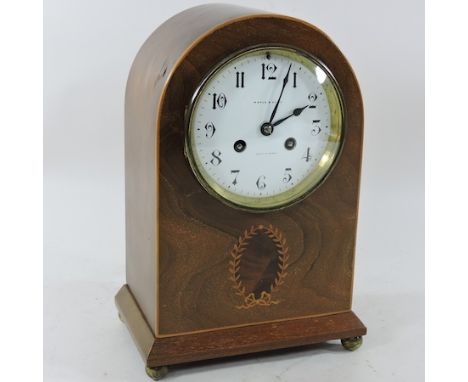 An Edwardian mahogany and inlaid mantel clock, by Maple and Co, 29cm high