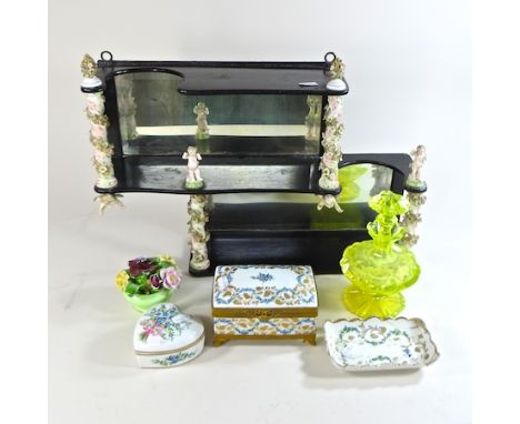 An early 20th century Dresden porcelain mounted wall shelf, 48cm, together with various Limoges, porcelain and glass