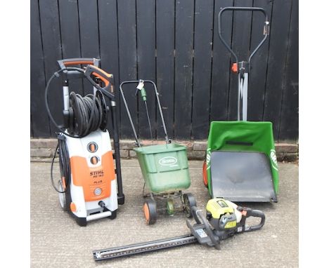 A Robi petrol hedge trimmer, together with a Stihl pressure washer, a Brill push mower and a seed hopper