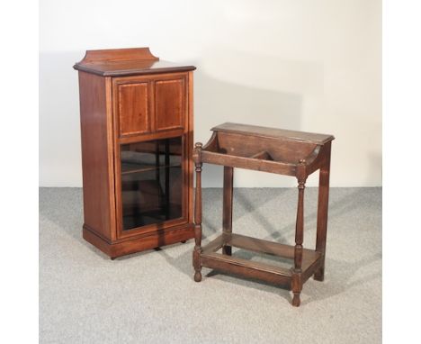 An Edwardian inlaid music cabinet, 56cm, together with an oak stick stand  