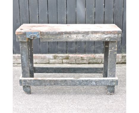 A work bench, fitted with a vice, 124 x 46cm