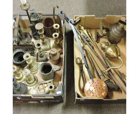 Two boxes of metalwares, to include brass candlesticks, copper jugs and fire tools