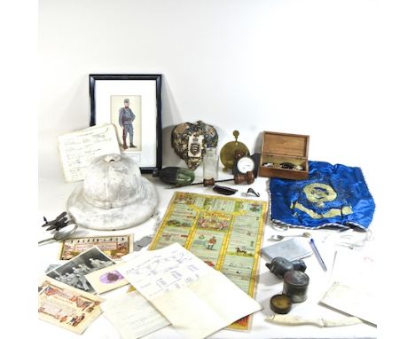 A collection of military items, to include a pit helmet, together with a board game and badges etc 