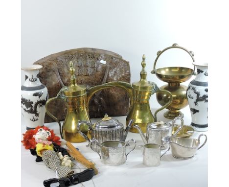 A vintage ladies crocodile skin handbag, together with a Pelham puppet, a pair of Chinese vases, 27cm high each, two Turkish 