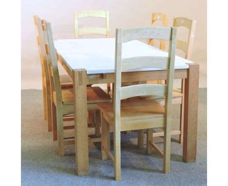 A modern painted and oak dining table, 180 x 90cm, together with six ladder back chairs