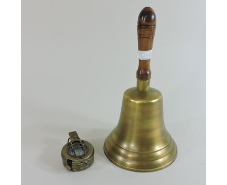 A reproduction marching compass, together with a large brass school bell, 28cm