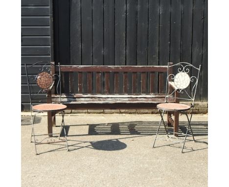 A hardwood garden bench, 159cm, together with a pair of folding garden chairs 