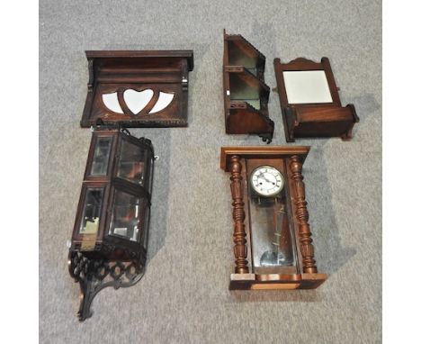 An American style wall clock, together with a corner shelf, 30cm, another, a mirror and another