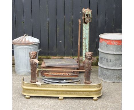 A fire grate, 91cm, together with a brass fender, a butlers sink, a galvanized bin and drum, and a set of potato scales 