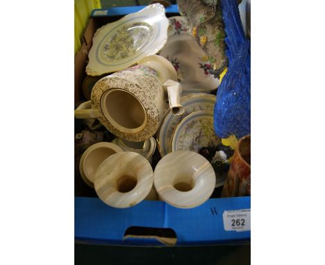 Box lot to include part tea services, a quantity of various treenware, plus ceramic country cottages by Coalport and marble-s