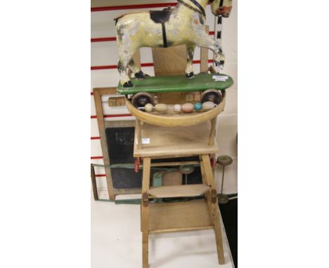 Vintage toys to include; a wooden high chair, a metal buggy, chalkboard and a small pull-along horse (A/F)