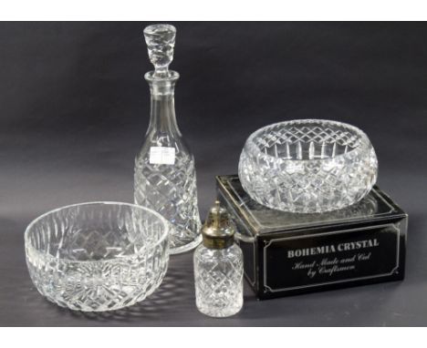 Good selection of cut glass, some boxed, including a Stuart Crystal sugar shaker, decanter with stopper, crystal glass etc.