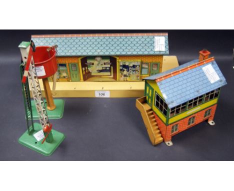 Vintage Meccano - Hornby Series train accessories to include a station building, a signal box, a water station and a signal t