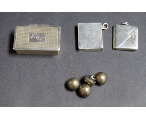 Hallmarked silver presentation snuff box, envelope and book-form stamp boxes and a pair of unmarked cufflinks 