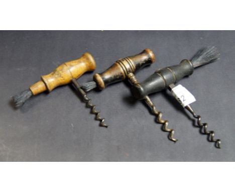Three vintage wooden-handled corkscrews