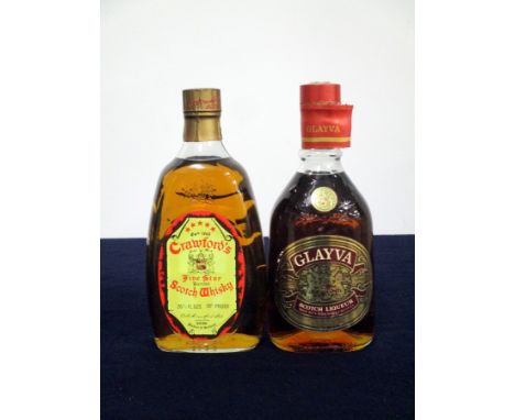 1 26 2/3 fl oz bt Crawfords Five Star Blended Scotch Whisky 70° proof 1 24 fl oz bt Glayva Scotch Liqueur 70° proof Above one