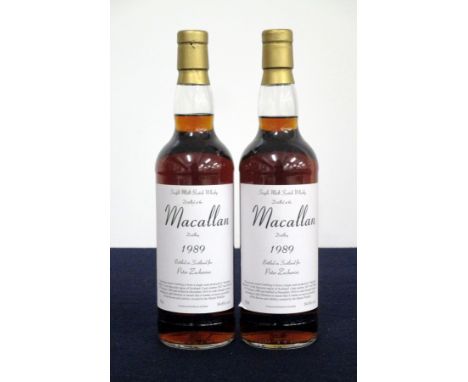 2 bts Macallan 1989 Single Malt Scotch Whisky 1989 bottled 2010 at cask strength 54.6% Private Owners bottling, corner of 1 l