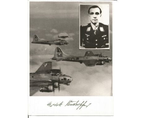 WW2 Luftwaffe ace Erich Rudorffer KC victories signed rare 8 x 6 inch b/w photo of bombers in flight with inset portrait, He 