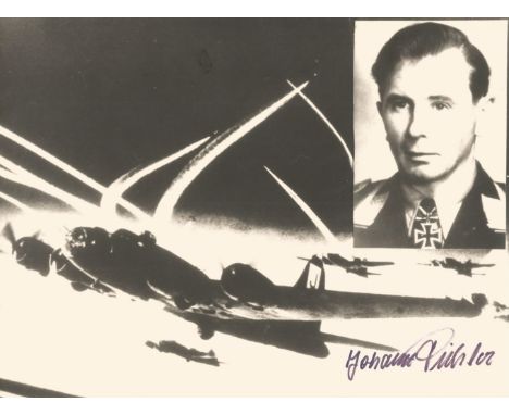 WW2 Luftwaffe ace Lt Johann Pichler KC 75 victories signed rare 8 x 6 inch b/w photo of bombers in flight with inset portrait