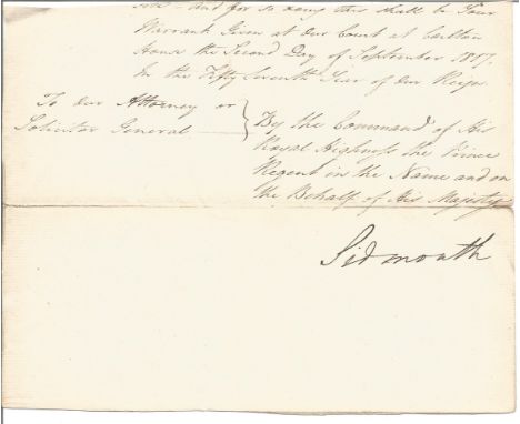 Prime Minister Henry Addington, 1st Viscount Sidmouth signed piece of letter, signed Sidmouth. He was a British statesman who