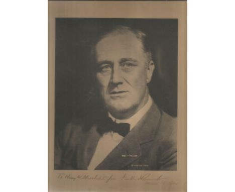 President Franklin D Roosevelt signed superb head and shoulders length black and white sepia toned vintage , matte finish pho