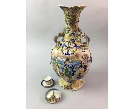 JAPANESE ENAMEL DECORATED VASE, 30cm high, along with two paperweights and other ceramics and glass