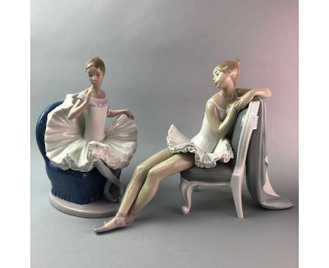 LLADRO FIGURE OF A BALLERINA, modelled sitting on a chair, 24cm high, along with a Nao figure of a ballerina, modelled sittin