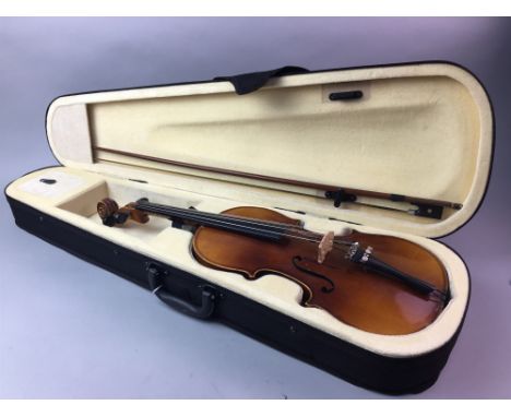 VIOLIN AND BOW, in fitted case, the back 38cm long