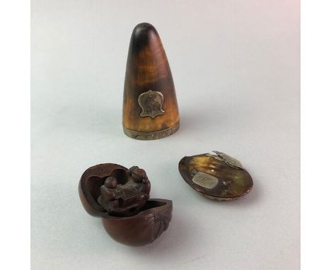 LOT OF JEWELLERY, including a Scottish silver brooch, a netsuke and a silver ring