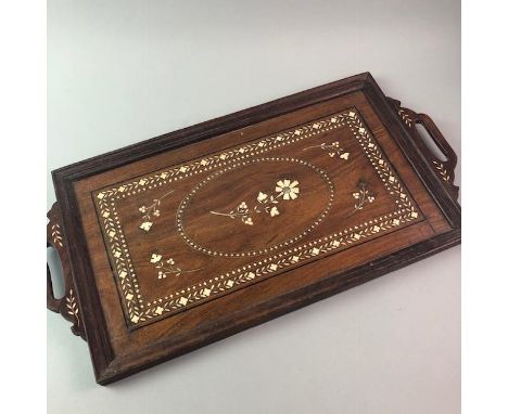 NEO-CLASSICAL LAMP, along with an inlaid tea tray and a folding table, 52.5cm wide (3)