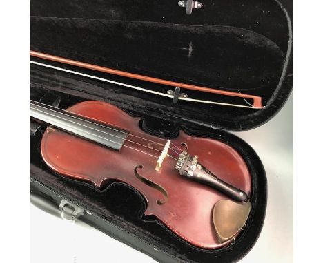 VIOLIN AND BOW, in fitted case, the back 38cm long