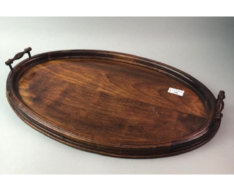 STAINED WOOD TWIN HANDLED OVAL TEA TRAY, 56.5cm wide; along with a vintage toaster and small Staffordshire tea pot (3)