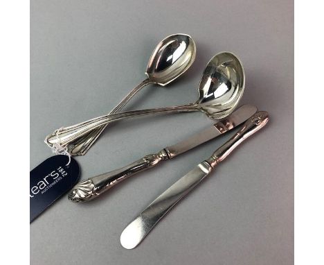 AMERICAN SILVER SAUCE LADLE, along with a matching sugar spoon and ten silver handled pastry knives