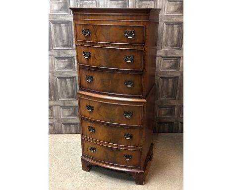 REPRODUCTION MAHOGANY TALLBOY CHEST, semi bow-fronted and fitted with six drawers, on bracket feet, 55cm wide