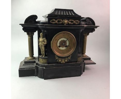 VICTORIAN MANTEL CLOCK, in black slate case, 46cm wide