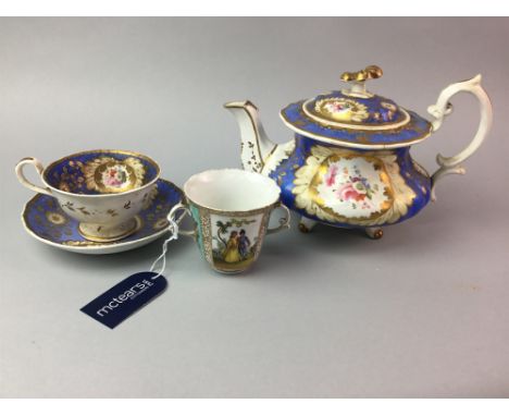 19TH CENTURY ENGLISH PART TEA SERVICE, decorated with gilt and flowers; along with an eggcup and a loving cup