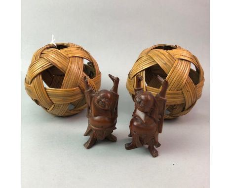 PAIR OF CHINLOR FOOTBALLS, approximately 11cm in diameter, along with a group of ebony elephants, 11 cm high, a betel nut cut