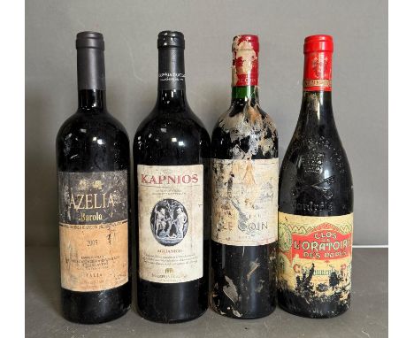Four bottles of red wine, a ClosDe L'Oratoine Des Papes, a Chateau Le Coin, A Kapinos and an Azelia Barolo