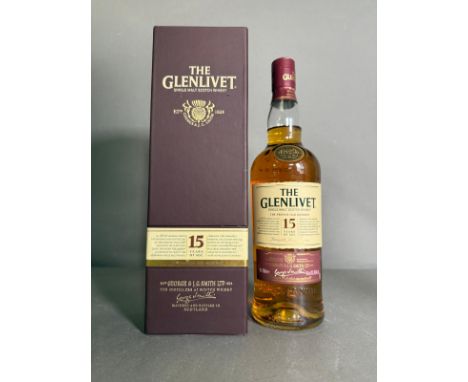 A bottle of The Glenlvet 15 year old French oak aged reserve single malt whiskey 