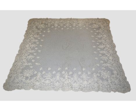 Brussels lace wedding veil, 19th century, worked with bouquets of flowers set in r8ibbons, swags and bows of bobbin and needl