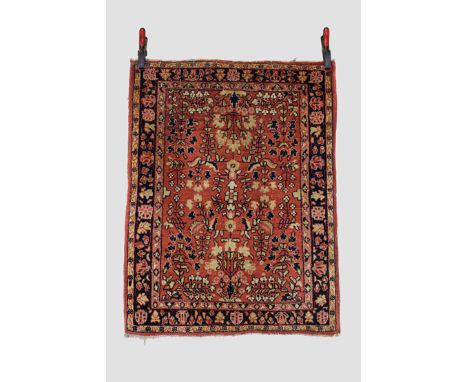 Two rugs, the first: Malayer rug, north west Persia, circa 1920s-30s, 4ft. 8in. X 3ft. 7in. 1.42m. X 1.09m. Small areas of ol