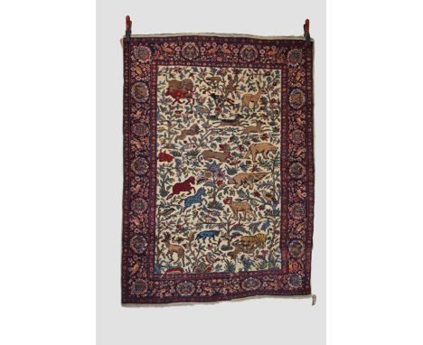 Kashmiri hunting rug, north India, mid-20th century, 5ft. 8in. X 4ft.  1.73m. X 1.22m. Lower right corner of field and border